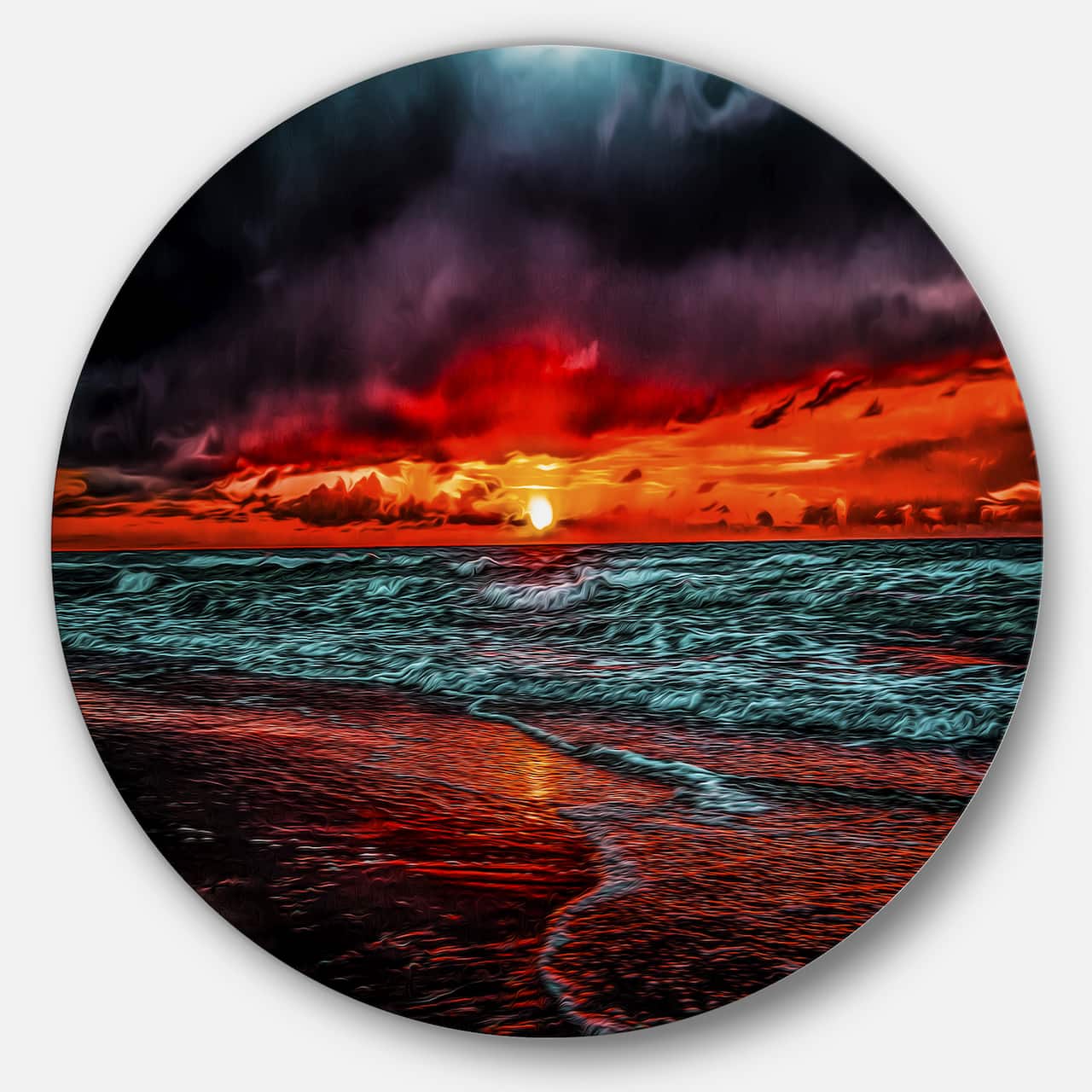 Designart - Red Sunset over Blue Waters' Ultra Vibrant Seascape Metal Circle Wall Art